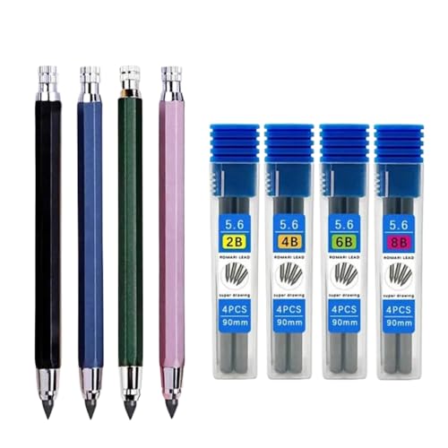 TRyYCB 5.6mm Metall Mechanical Bleistift Kompatibel mit Kunstzeichnung Skizzieren mit 2B 4B 6B 8B Lead School Design Comics Malwerkzeug Automatischer Bleistift(1Box 2B Yellow Lead) von TRyYCB