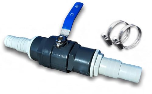 TS-TRADES Wartungshahn Massive Ausführung aus PVC m. Edelstahlgriff und 2X Edelstahl Schlauchschellen für Schlauch Ø 32 / 38mm - Pool Absperrhahn Absperrventil Kugelhahn von TS-TRADES
