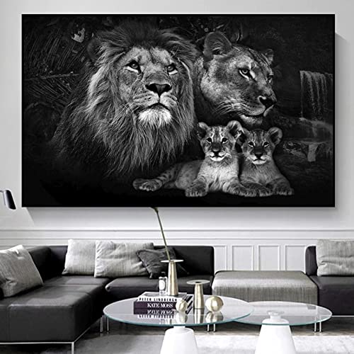 TSHAOSHUNHT Leinwand-Wandkunst, Schwarz-Weiß-Tierbild, Baby-Löwenfamilie, Poster und Drucke für Wohnzimmer, Heimdekoration, 80 x 136 cm x 1 (31,5 x 53,5 Zoll), Rahmenlos von TSHAOSHUNHT