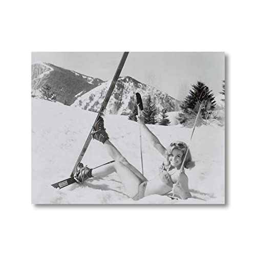 TSHAOSHUNHT Mädchen im Schnee liegend Gemälde Wandkunst Leinwand schwarz weiß Vintage Ski Foto Winter Skifahren Dekor Poster 50 x 70 cm x 1 Stück rahmenlos von TSHAOSHUNHT