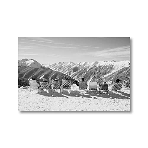 TSHAOSHUNHT 8 Stühle auf schneebedeckten Bergen Gemälde Wandkunst Leinwand Schwarz Weiß Vintage Ski Foto Winter Skifahren Poster 50x70cmx1pcs rahmenlos von TSHAOSHUNHT