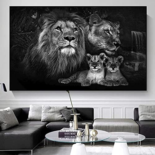 TSHAOSHUNHT Leinwand-Wandkunst, Schwarz-Weiß-Tierbild, Baby-Löwenfamilie, Poster und Drucke für Wohnzimmer, Heimdekoration, 70 x 120 cm x 1 (27,5 x 47,2 Zoll), rahmenlos von TSHAOSHUNHT