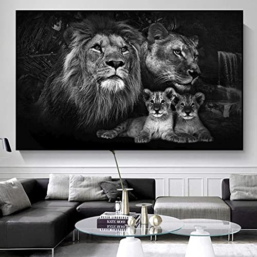 TSHAOSHUNHT Leinwandbild, Schwarz-Weiß-Tierbild, Baby-Löwenfamilie, Poster und Drucke für Wohnzimmer, Heimdekoration, 66 x 112 cm x 1 (26 x 44 Zoll), Rahmenlos von TSHAOSHUNHT