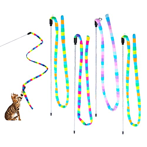 TSHAOUN 4 Stück Cat Interactive Wand Spielzeug, Bunt Interaktives Katzenspielzeug Mit Glocke，Katzenangel Zauberstab, Katzen Spielzeug Haustierspielzeug für Kätzchentraining von TSHAOUN