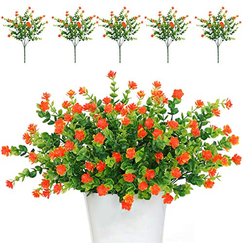 TSHAOUN 5 Stück Künstliche Blumen Unechte Blumen Deko Innen Draussen Pflanzen Sträucher Grün UV-beständige für Blumen Arrangement, Zuhause Garten Braut Hochzeit Party Dekor (Orange Rot) von TSHAOUN