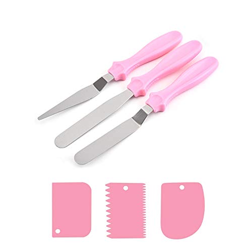 TSHAOUN 6 Stück Streichpalette Set inklusive 3 Stück Edelstahl Winkelpalette und 3 Stück Icing Smoother für Verteilen von Sahne, Backen von Kuchen und Kuchen Dekorieren (Rosa) von TSHAOUN