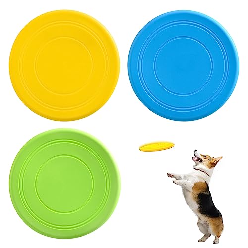 TSHAOUN Hunde-Frisbee-Spielzeug Hunde-Frisbee, aus natürlichem weichem Gummi, für interaktiven Spaß im Freien. 17,8 cm (Gelb/Grün, Blau), 3 Stück von TSHAOUN