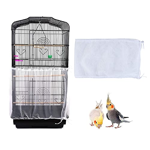 TSHAOUN Vogelkäfig Abdeckung, Mesh Seed Catcher für Vogelfutter Kleintiere, Vogelkäfig Schutznetz Mesh Rock mit Verstellbaren Kordelzug, Käfigabdeckung Belüftet für Vogelfutter Kleintiere (L, Weiß) von TSHAOUN