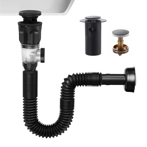 TSIBOMU Waschbecken-Ablauf-Set, flexible P-Falle mit Überlauf-Stop-Up-Stopfen, erweiterbarer Badezimmer-Waschbecken-Rohr-Ersatz, passend für 3,8 cm, 3,8 cm Löcher, Mattschwarz TSIBOMU Waschbecken-Ablauf-Set, flexible P-Falle mit Überlauf-Stop-Up-Stopfen, erweiterbarer Badezimmer-Waschbecken-Rohr-Ersatz, passend für 3,8 cm, 3,8 cm Löcher, Mattschwarz von TSIBOMU