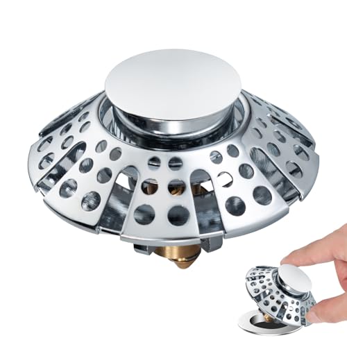 Abflusssieb Waschbecken, Pop Up 3 in 1 Badewannen Abflussstopfen mit Edelstahl Filterkorb Stöpsel Waschbecken, Haarsieb im Stöpselkopf Flachkopf, Waschbeckenstöpsel für 37–50 mm Waschbecken, Chrom von TSJLIKI