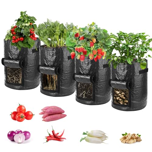 TSKDKIT 4 Stück 10 Gallonen Kartoffel Pflanzsack, Wiederverwendbar kartoffelsack mit Sichtfenster und Griffen, Kartoffeln Pflanzsäcke Atmungsaktiv für Tomaten,Kartoffeln, Pflanzen, Blumen - Schwarz von TSKDKIT