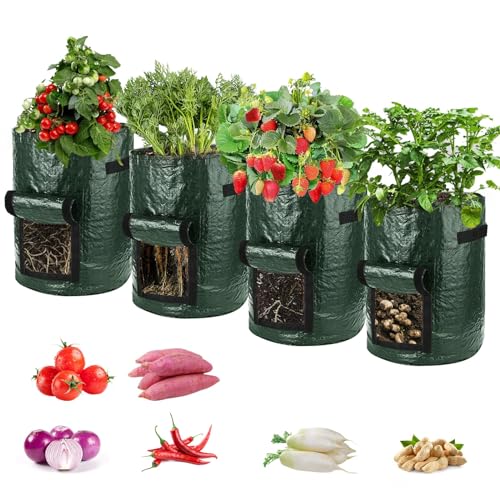 TSKDKIT 4 Stück 10 Gallonen Kartoffel Pflanzsack, Wiederverwendbar kartoffelsack mit Sichtfenster und Griffen, Kartoffeln Pflanzsäcke Atmungsaktiv für Tomaten,Kartoffeln, Pflanzen, Blumen von TSKDKIT