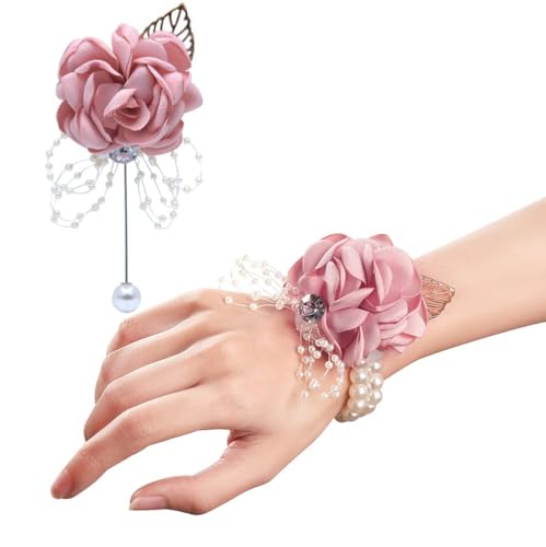 TSKDKIT Rose Boutonniere Hochzeit Ansteckblumen und Handgelenk Blume Rosa Boutonniere und Handgelenk Blume für Braut Brautjungfer Gäste Herren Damen Party Weiß von TSKDKIT