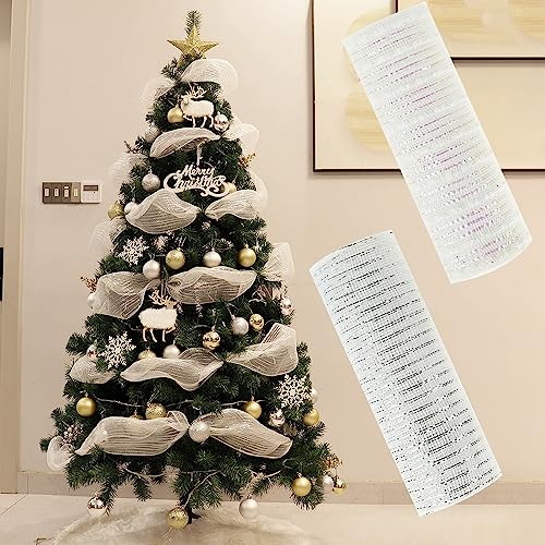 2 Rollen Weihnachts-Poly-Netzband, 26 CM Weihnachts Metallfolie Netzrollen Metallfolie Deko Netzband für Weihnachtsbaum Kränze Band Girlande Dekoration (Weiss) von TSLBW