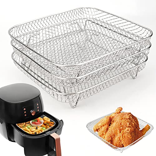 3 Stück Air Fryer Racks, Edelstahl Air Fryer Korb Tray 3 Schicht Stapelbar Dehydrator Racks für Air Fryer Ofen Backen Braten (Quadratisch) von TSLBW