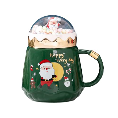 420ml Weihnachten Kaffeebecher mit Deckel und Löffel Tee Milch Kaffee Tasse mit Griff Mikrowelle sicher Keramik Tee Tassen Weihnachten Tassen für Frauen Männer Kinder (Grün) von TSLBW