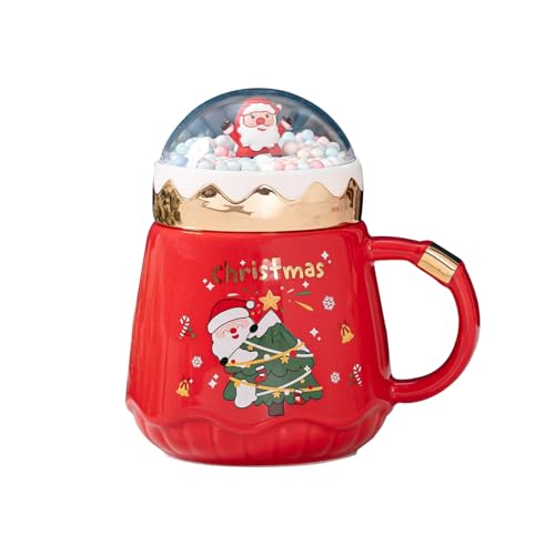 420ml Weihnachten Kaffeebecher mit Deckel und Löffel Tee Milch Kaffee Tasse mit Griff Mikrowelle sicher Keramik Tee Tassen Weihnachten Tassen für Frauen Männer Kinder (Rot) von TSLBW