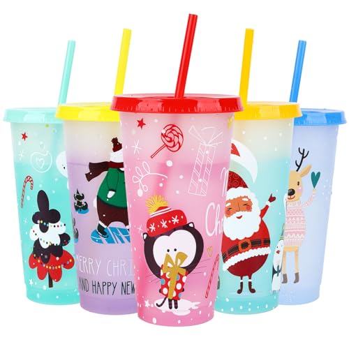 5 Stück Weihnachts-Getränkebecher 710ml kalte Farbe ändern Cup Set mit Deckel und Strohhalme Becher Tasse Trinkbecher Smoothie Saft Kaffeebecher für Weihnachtsfeier Dekorationen (Color A) von TSLBW