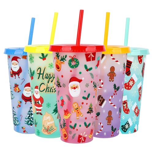 5 Stück Weihnachts-Getränkebecher 710ml kalte Farbe ändern Cup Set mit Deckel und Strohhalme Becher Tasse Trinkbecher Smoothie Saft Kaffeebecher für Weihnachtsfeier Dekorationen (Color B) von TSLBW