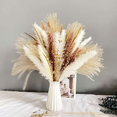 90 Stück Natürliche Pampasgras Getrocknet Boho Trockenblumen Deko Phragmites Blumen Trockenblumen Sträußchen Vasen Deko für Wohnzimmer, Flur, Schlafzimmer, Hochzeit Decor von TSLBW