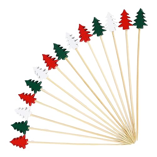 TSLBW 100 Stück Weihnachts Cocktailspieße, Bambus Zahnstocher Cocktailspieße, Holz-Cocktailspieße mit Weihnachtsbaum-Ornament für Getränke Obst Dessert Lebensmittel Vorspeisen Dekoration von TSLBW