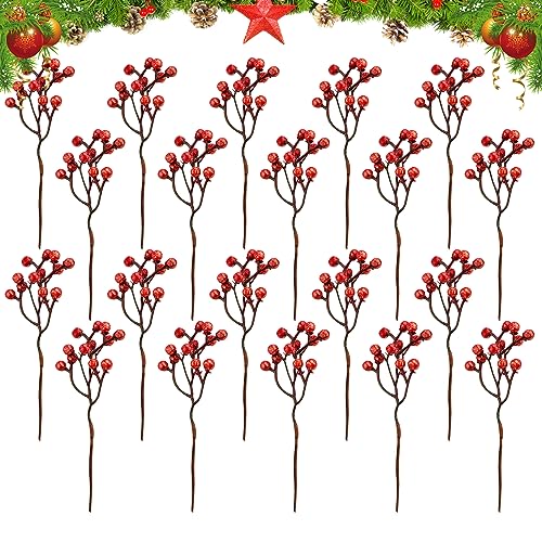 TSLBW 20 Stück Weihnachten Künstliche Rote Beeren Stämme Weihnachten Stechpalmenbeeren Zweige Winter rote Beeren Zweig Stiel für Weihnachtsbaum Kranz DIY Handwerk Machen Dekoration Zubehör (Rot) von TSLBW