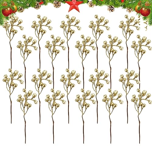 TSLBW 20 Stück Weihnachten Künstliche Rote Beeren Stämme Weihnachten Stechpalmenbeeren Zweige Winter rote Beeren Zweig Stiel für Weihnachtsbaum Kranz DIY Handwerk Machen Dekoration Zubehör (Gold) von TSLBW