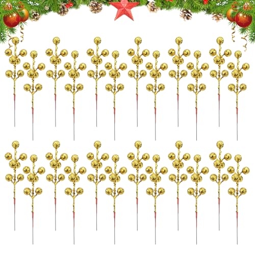TSLBW 24 Stück Weihnachten Künstliche Holly Beeren,Künstliche Rote Beeren Enthalten,Rote Beeren Picks Holly Beeren Zweige Künstliche Burgunder Rote Beeren Rote Beeren Zweige Weihnachtsbeeren (Golden) von TSLBW