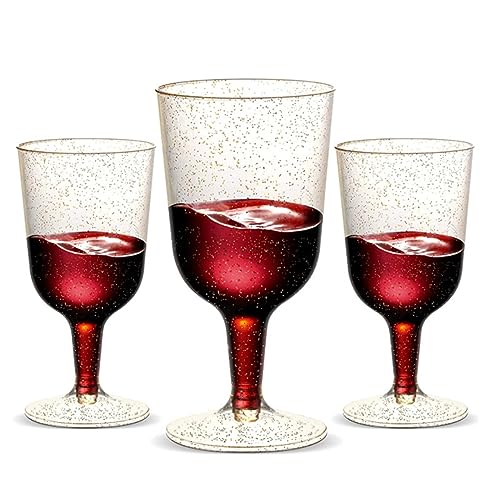 TSLBW 25 Stück Weingläser aus Kunststoff 170ml Weingläser aus mit Goldglitter Wiederverwendbare Party Weinbecher mit Stiel Stapelbare Weingläser für Hochzeiten Geburtstage Weihnachten (Gold) von TSLBW