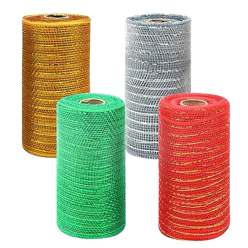 TSLBW 4 Rollen Weihnachtsband Deko Poly Mesh Rolle Xmas Ribbons Mesh Metallic Winter Folie Decomesh Rolle für DIY Kranz Making Swag Girlande Weihnachten Party Geschenke Box Deko (A) von TSLBW