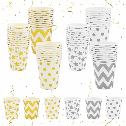 TSLBW 60 Stück Pappbecher, 250 ML Partybecher, für Hochzeit, Kinder DIY, Partybedarf, Kaffee, Tee, Heißen und Kalten Getränken (Gold-Silber) von TSLBW