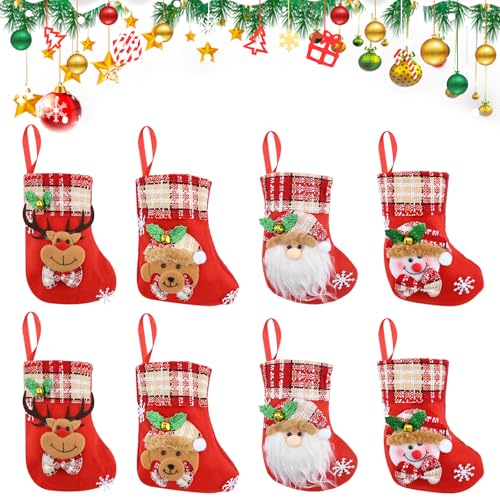TSLBW 8 Stück Mini Weihnachtsstrümpfe, 3D Weihnachtsmann Rentier Bär Schneemann Weihnachtsstrümpfe Dekoration, Weihnachten Hängende Geschenktaschen für Weihnachtsbaum Ornamente Kamin Dekoration (B) von TSLBW