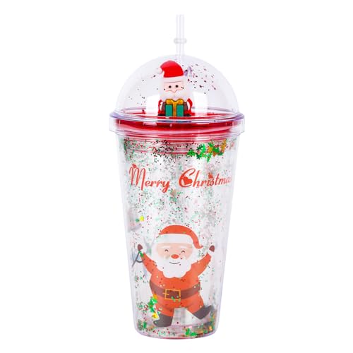 Weihnachts Wasserflasche Glitzernder Doppelwandiger Becher mit Strohhalm und Deckel Weihnachtsmann Weihnachtsbaum Wiederverwendbarer BPA-freier Trinkbecher für Weihnachtsfeier Geschenke 450 ml (A) von TSLBW