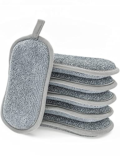 TSLEU 6 Stück Spülschwamm Topfreiniger Küchenschwamm Waschbar zum wiederverwenden mit 2 leistungsstarke Seiten, 16x9.5 cm grau Doppelseitenschwämme Topfreiniger für Geschirr, Küche, Bad von TSLEU