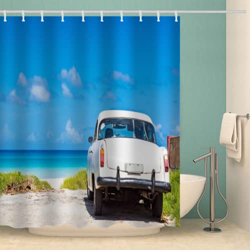 TSMMB Duschvorhang 200X200 Wasserdicht Anti Schimmel Polyester Stoff Waschbar,Duschvorhang Auto Motiv Mit Landschaft Für Badewanne,Beschwerter Saum,Mit Kunststoffhaken,C34 von TSMMB