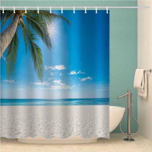 TSMMB Duschvorhang 240X200 Anti Schimmel Wasserdicht Muster Landschaft Strand Waschbar Polyester Stoff 3D-Druck Palme Duschvorhang Mit Vorhanghaken,Bad Vorhäng,A12 von TSMMB