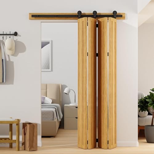 TSMST 4ft/122cm Bi-Falten Schiebe Scheune Tür Hardware Kit für 4 Türen,Bi Falten Scheune Tür Hardware passen Türöffnung Breite 109cm,einfach zu installieren,keine Tür Panel (Top Mount Hanger) von TSMST