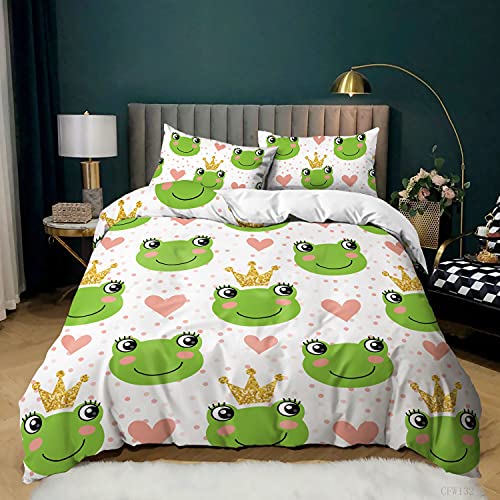 Grün Frosch Kinder Bettwäsche,3D Wacky Frosch Drucken Bettbezug,Cartoon-Tiere Thema Bettbezug mit Kissenbezug für Kinder Erwachsene (135x200cm, A) von TSOPEFI