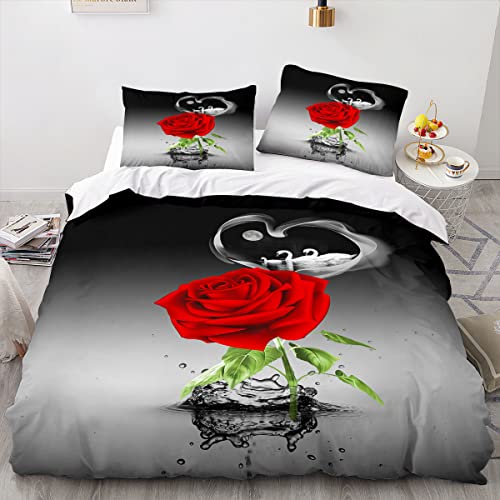 TSOPEFI 3D Rot Rose Bedruckte Bettwäsche Set,Romantische Aesthetic Rose Bettbezug Set,Bettbezug für Mädchen Paar Schlafzimmer Dekoration (135x200cm, B) von TSOPEFI