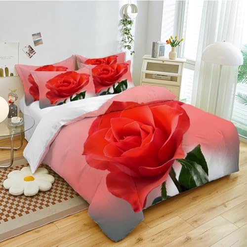 TSOPEFI 3D Rot Rose Bedruckte Bettwäsche Set,Romantische Aesthetic Rose Bettbezug Set,Bettbezug für Mädchen Paar Schlafzimmer Dekoration (135x200cm, C) von TSOPEFI