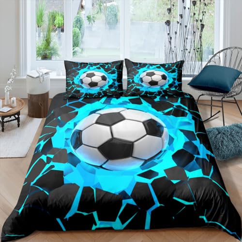 TSOPEFI Fußball Kinderbettwäsche 135x200,3D Fußball-Motiv Jungen Teenager Sport Bettbezug-Set,Blau,Grün Weicher Bequemer Bettbezug für Erwachsene und Kinder (Blau, 135 x 200 cm) von TSOPEFI