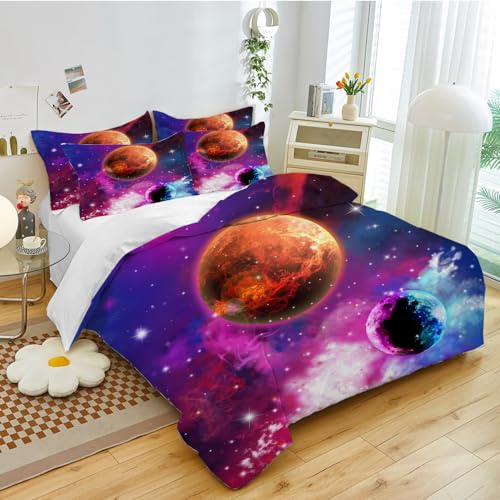 TSOPEFI Kosmische Galaxie Theme Kinder Bettwäsche,Mystrious Weltraum Galaxie Sterne Bettbezug Set,3D stellar Planet Jungen Teenager Bettbezug (135x200cm, A) von TSOPEFI