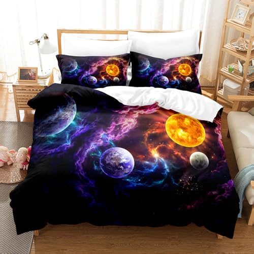 TSOPEFI Kosmische Galaxie Theme Kinder Bettwäsche,Mystrious Weltraum Galaxie Sterne Bettbezug Set,3D stellar Planet Jungen Teenager Bettbezug (135x200cm, B) von TSOPEFI