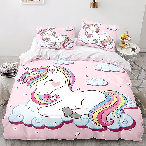 TSOPEFI Rosa Einhorn Mädchen Bettwäsche Set,Cartoon Einhorn Muster Kinder Bettbezug Set,Regenbogen Wolken und Pferde Einhorn Bettbezug (135x200cm, A) von TSOPEFI