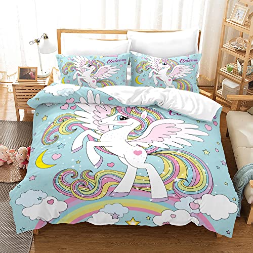 TSOPEFI Rosa Einhorn Mädchen Bettwäsche Set,Cartoon Einhorn Muster Kinder Bettbezug Set,Regenbogen Wolken und Pferde Einhorn Bettbezug (135x200cm, C) von TSOPEFI