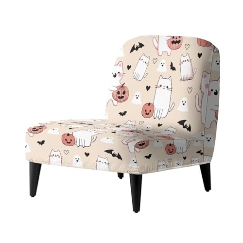 TSOVTHRID Stuhlhusse mit Halloween-Katze, ohne Armlehnen, Beige, dehnbar, für Esszimmerstühle, weicher Schonbezug für Drehstühle von TSOVTHRID