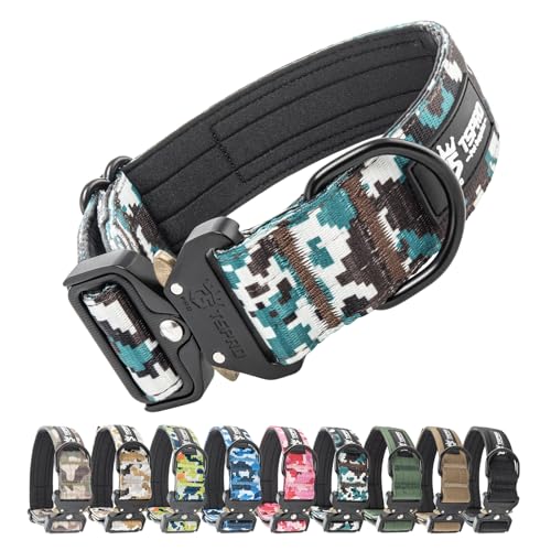 TSPRO Premium Camo Hunde Halsband mit leuchtendem Patch Dickes Halsband für Hunde, Verstellbar, mit robustem Schnellverschluss Metallschnalle Geeignet für kleine, mittlere, große Hunde (Camo Cyan-L) von TSPRO