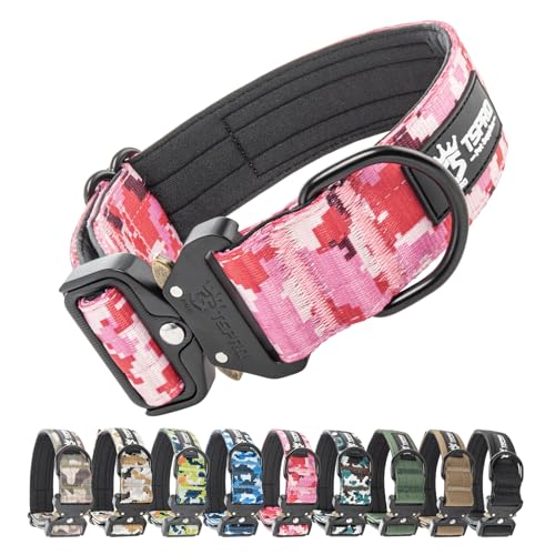 TSPRO Premium Camo Hunde Halsband mit leuchtendem Patch Dickes Halsband für Hunde, Verstellbar, mit robustem Schnellverschluss Metallschnalle Geeignet für kleine, mittlere, große Hunde (Camo Pink-L) von TSPRO