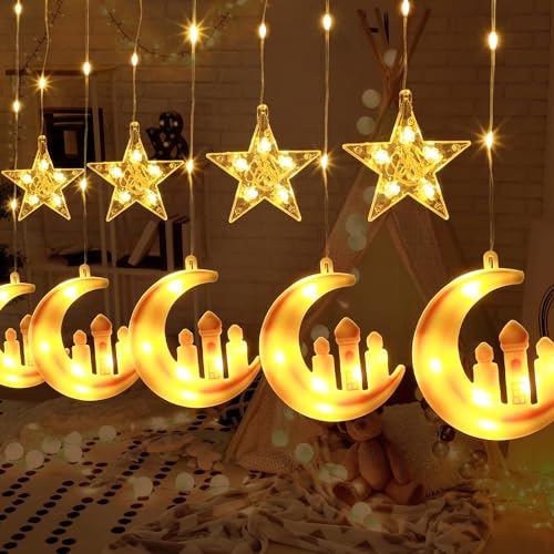 TSNQW 95 LED Ramadan Lichterkette, 3M Eid Mubarak Ramadan Dekoration Lights, 8 Modi Ramadan Stern Mond & Schloss Deko Licht mit Fernbedienung, Batterie & USB betriebene Ramadan Lichterkette (Warme) von TSQNW