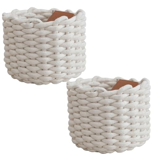 2er Set Aufbewahrungskorb Geflochten Baumwolle Strickkorb, Korb Aufbewahrung Wickeltisch Organizer, Dekorative Speicher Regalkörbe Für Schminke Socken Spielzeug (Rund weiß) von TSQZE